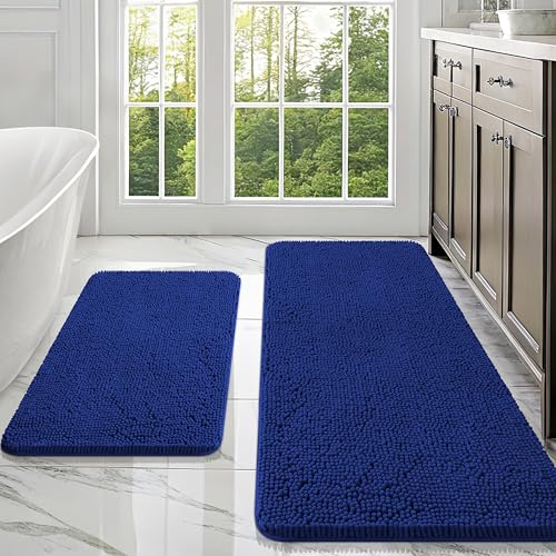 Image of OLANLY Bathroom Rugs Sets 2 Piece, Soft Absorbent Chenille Bath Mats Area Rug Set, Non-Slip, Quick Dry, Machine Washable Bath Mats for Bathroom, Home Decor Accessories (47 inchx20 inch+30 inchx20 inch, Navy)