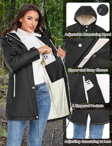 Vancavoo Rain Coats for Women Winter Waterproof Softshell Jackets Long Ladies Lightweight Raincoat Fleece Lined Windbreaker Breathable Outdoor Jacket with Hood,Black,L - Image 2
