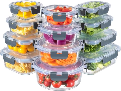 MFY 12 Stück Glasbehälter mit Deckel Frischhaltedosen mit Deckel Meal Prep Boxen Glas mit 12 Behälter & 12 Deckel Spülmaschinen- Mikrowellen Grau