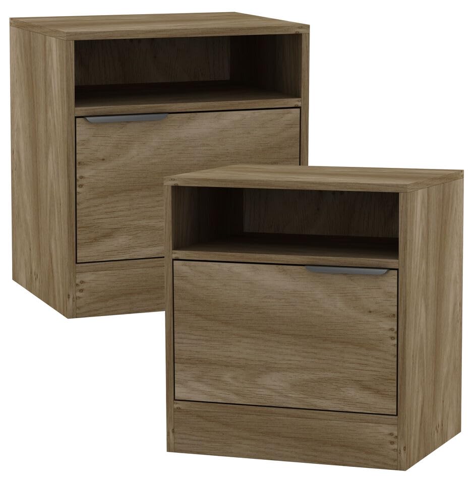 URBNLIVING 2 Pcs 1-Door Bedside Oak Table Nightstand Shelf File Cabinet Storage for Bedroom Wooden Furniture Modern Sofa Side End Compact Unit for Living Room H49.5cm x W45cm x D35cm