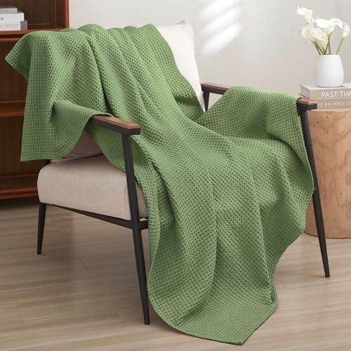 Image of PHF 100% Cotton Waffle Throw Blanket Lightweight Breathable, Loden Green