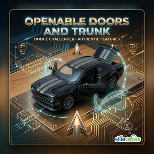 Image of 1:36 Scale Die-cast Model for Dodge Challenger SRT (Black) | Metal body, Openable Doors, Lights, Engine Sound, 1:36 Scale, Birthday Gift For Boys and Kids
