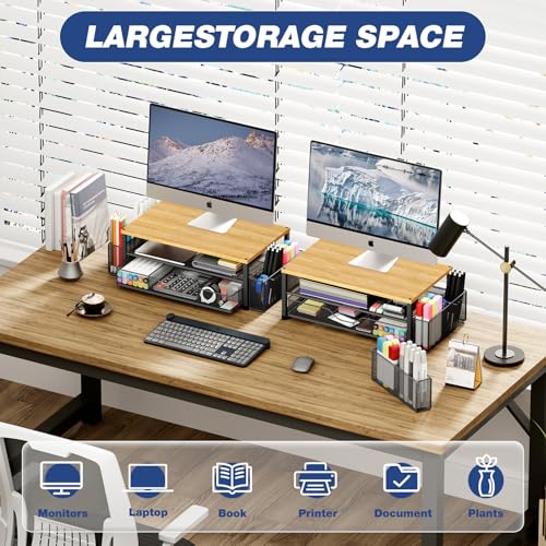 Image of OPNICE Desk Organizers and Accessories, Computer Monitor Stand Riser with Drawer and 2 Pen Holders, Printer & Laptop Stand, Office Desk Accessories & Workspace Organizers for Home Office Supplies, Oak