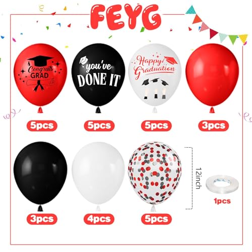 Image of Red Black and White Balloons 12 Inch Happy Graduation Print Balloons