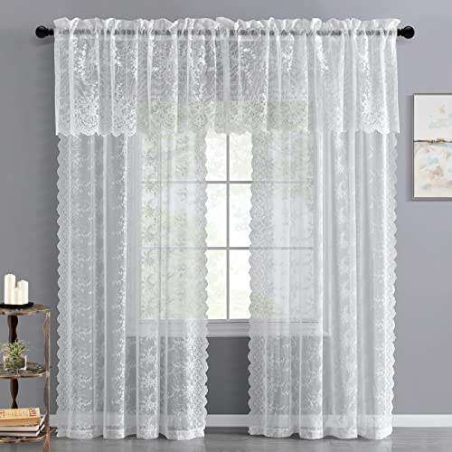 Kotile-Kitchen-Valance-Curtain-for-Windows-Country-Lace-Floral-Embroidered-Sheer-Curtain-for-Kitchen-Cafe-Dining-Bath-Room-Rod-Pocket-Sheer-White-Valance-52-x-18-Inch-1-Panel-White Kotile Kitchen Valance Curtain for Windows Country Lace Floral Embroidered Sheer Curtain for Kitchen Cafe Dining Bath Room Rod Pocket Sheer White Valance 52 x 18 Inch 1 Panel White