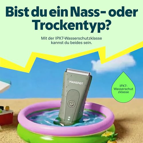 MANSPOT Intimrasierer Mann, Körperhaartrimmer für Herren, Professioneller Body Trimmer Wasserdicht mit 4 Scherkämmen – Für Trimmen von Brust, Beinen, Achseln & Intimbereich – Nass & Trocken
