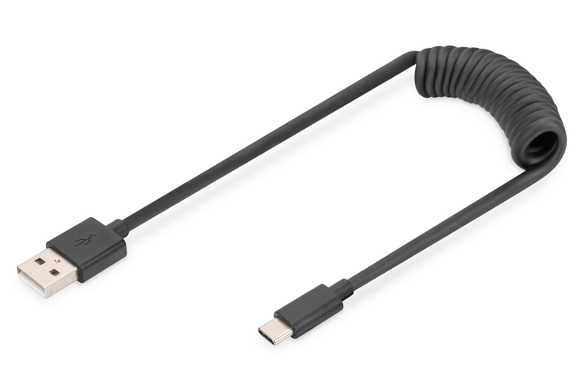 DIGITUS Kabel spiralny USB 2.0 – USB-A do typu C – 480 Mb/s – zasilanie 60 W – rozciągliwy do 1 m – do Android Auto i Carplay – czarny