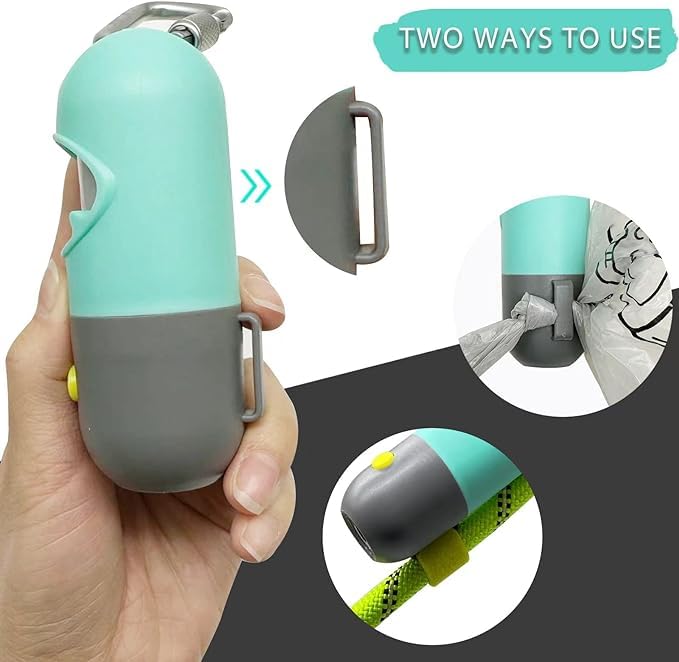 Image of YUCHIYA Dog Poop Bags Holder with UV Flashlight with 1 Roll of Leak-Proof Dog Waste Bags Black Light for for Pet Urine Detector with Built-in LR44 Batteries and Dog Walking Accessories (Mint Green)