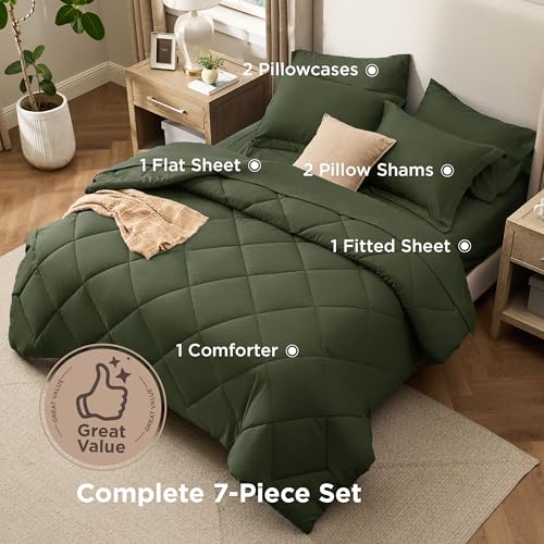 Image of Bedsure 7 Pieces King Comforter Set Premium Series, Hotel Luxury Soft Bed in a Bag, Goose Down Alternative, Safe for Sensitive Skin Bedding Comforter All Season Medium Warmth, Olive Green King Size
