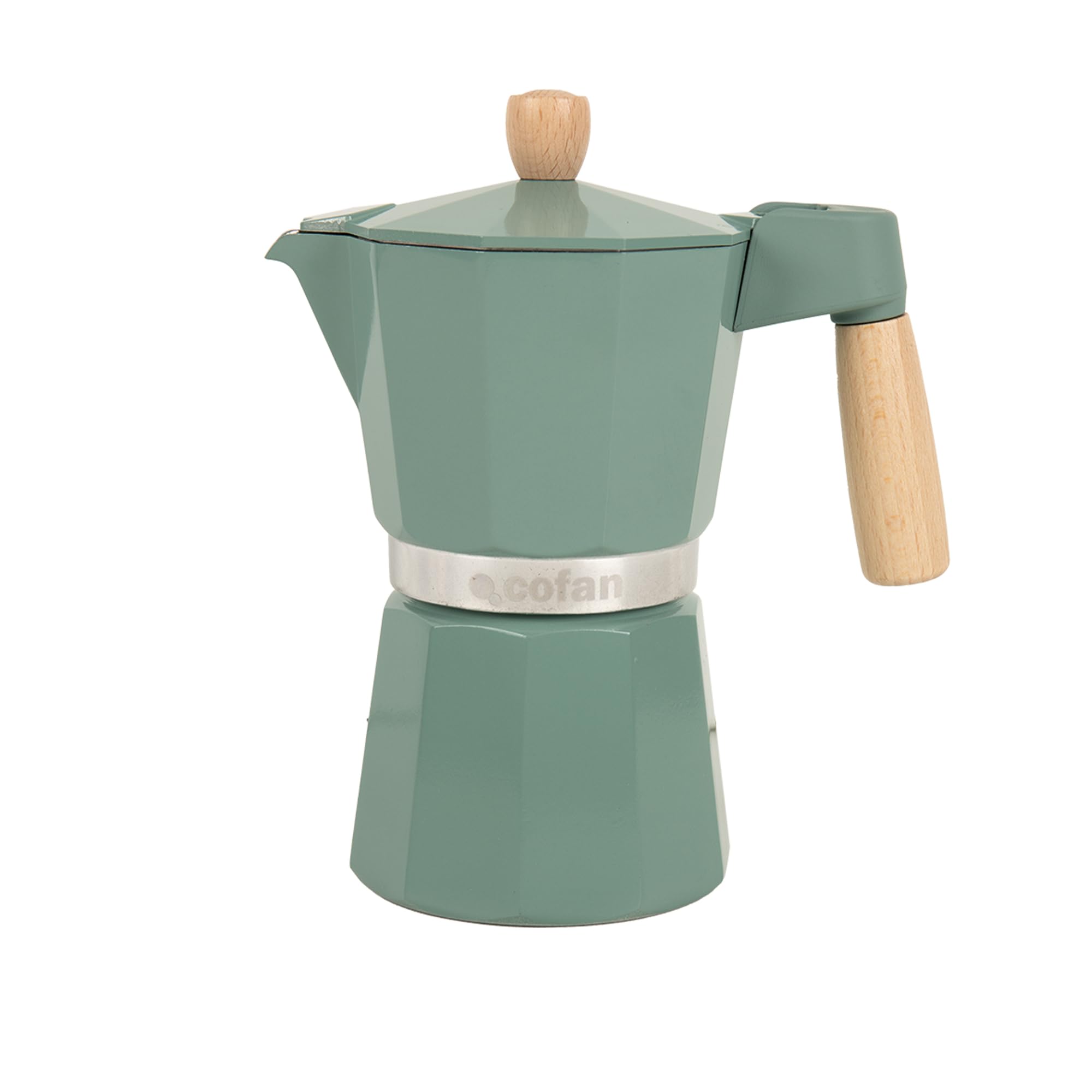 Cofan Induction Italian Coffee Maker | Capacity: 6 Cups | Material: Aluminium Body | Suitable for All Hobs | Colour: Beige, Green or Black | Wooden Handle and Handle (1, Green)