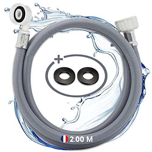 Electroo Tuyau Machine a Laver 2M | Tuyau Lave Linge Ø20-27 mm | Rallonge Tuyau Lave Vaisselle Arrivée d'Eau Froide Standard | Filetage Plastique, 2 Joint Plat Caoutchouc Préinstallés Qualité Pro