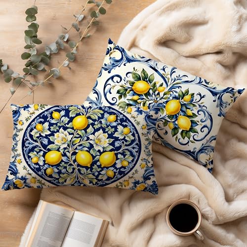Image of Blue and Yellow Summer Mediterranean Lemon Small Decorative Lumbar 12x20 Pillow Covers Decor,Amalfi Coast Italian Decorative Throw Pillow Cover for Home Room Decor Double-Sided Set of 2