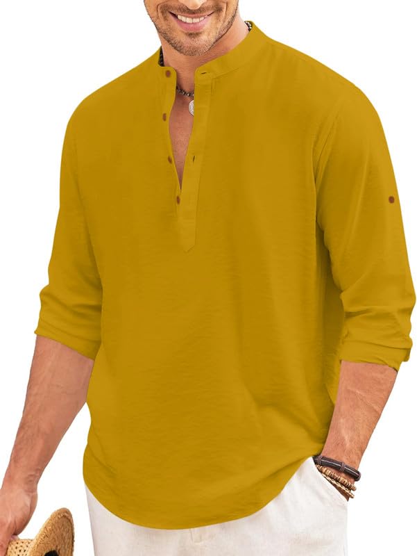 Image of Macsivo Men's Cotton Blend Henley Short Kurta with Mandarin Collar Long Sleeeve Button Closure Curved Hem Regular Fit | Kurta for Men Stylish