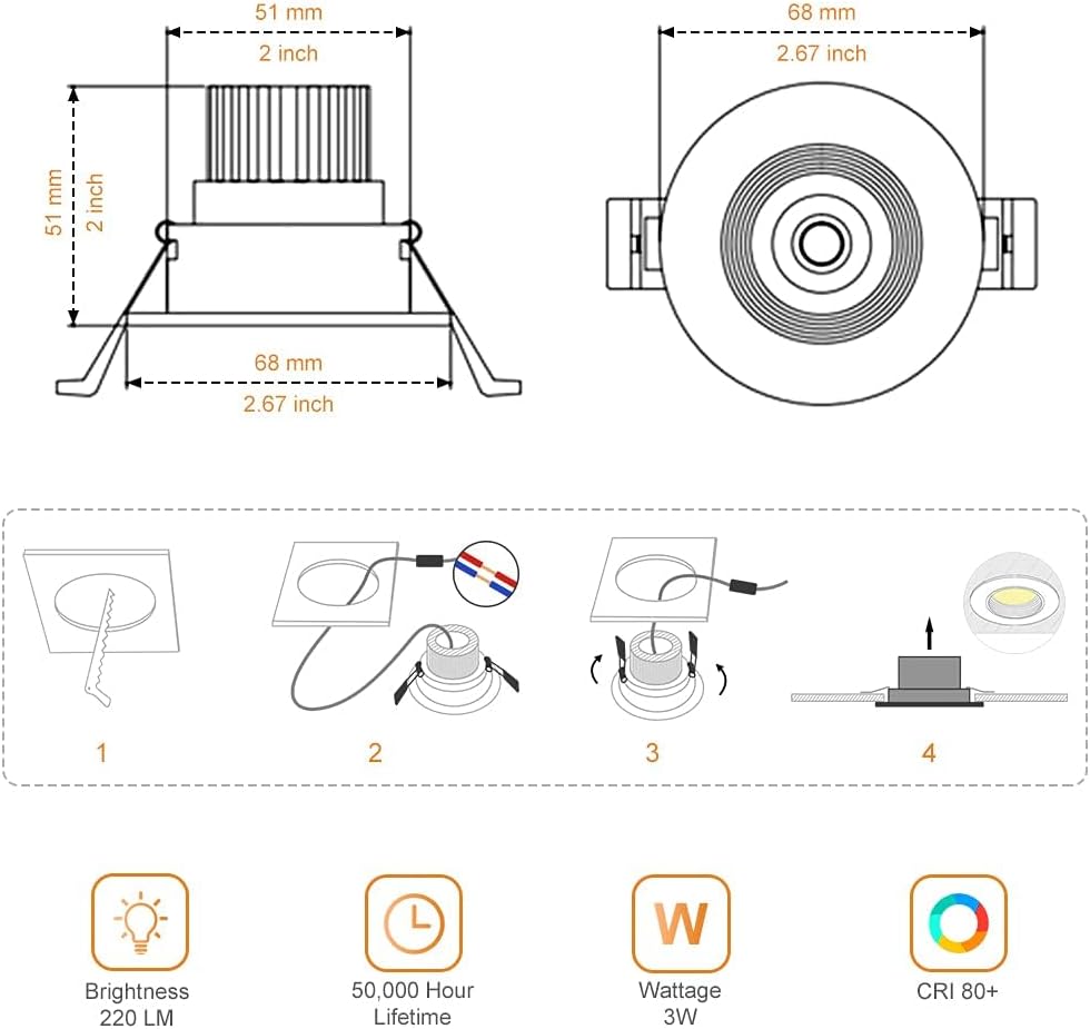 2Inch LED Recessed Ceiling Light, 3W Dimmable LED Downlight, 60 Beam Angle COB Recessed Lights with Driver, Warm White 3000K-3500K, 25W Halogen Bulbs Equivalent for Ceiling Lighting, Silver 6Pack