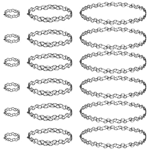 Gsbnjuy 18 Pcs 90s Tattoo Choker Necklace Bracelet & Ring Set Stretch Gothic Black Lace Vampire Accessories Retro Grunge Aesthetic Tattoo Effect Jewelry Accessories for Women