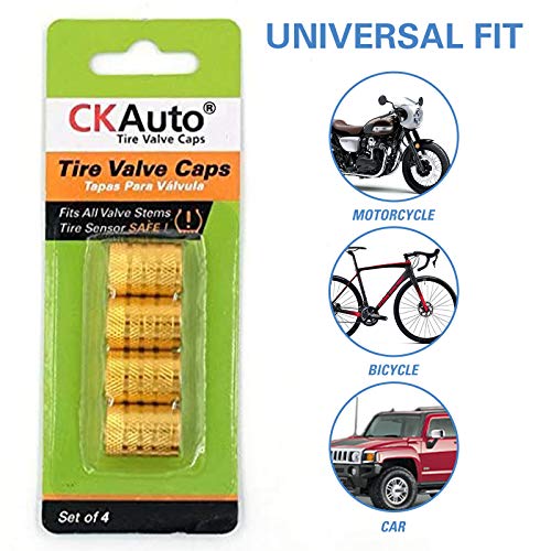 Image of CKAuto Tire Valve Stem Caps, Golden Yellow, 4 pcs /Pack | Anodized Aluminum Tire Valve Cap Set, Corrosion Resistant, Universal Stem Covers for Cars Trucks Motorcycles SUVs and Bikes