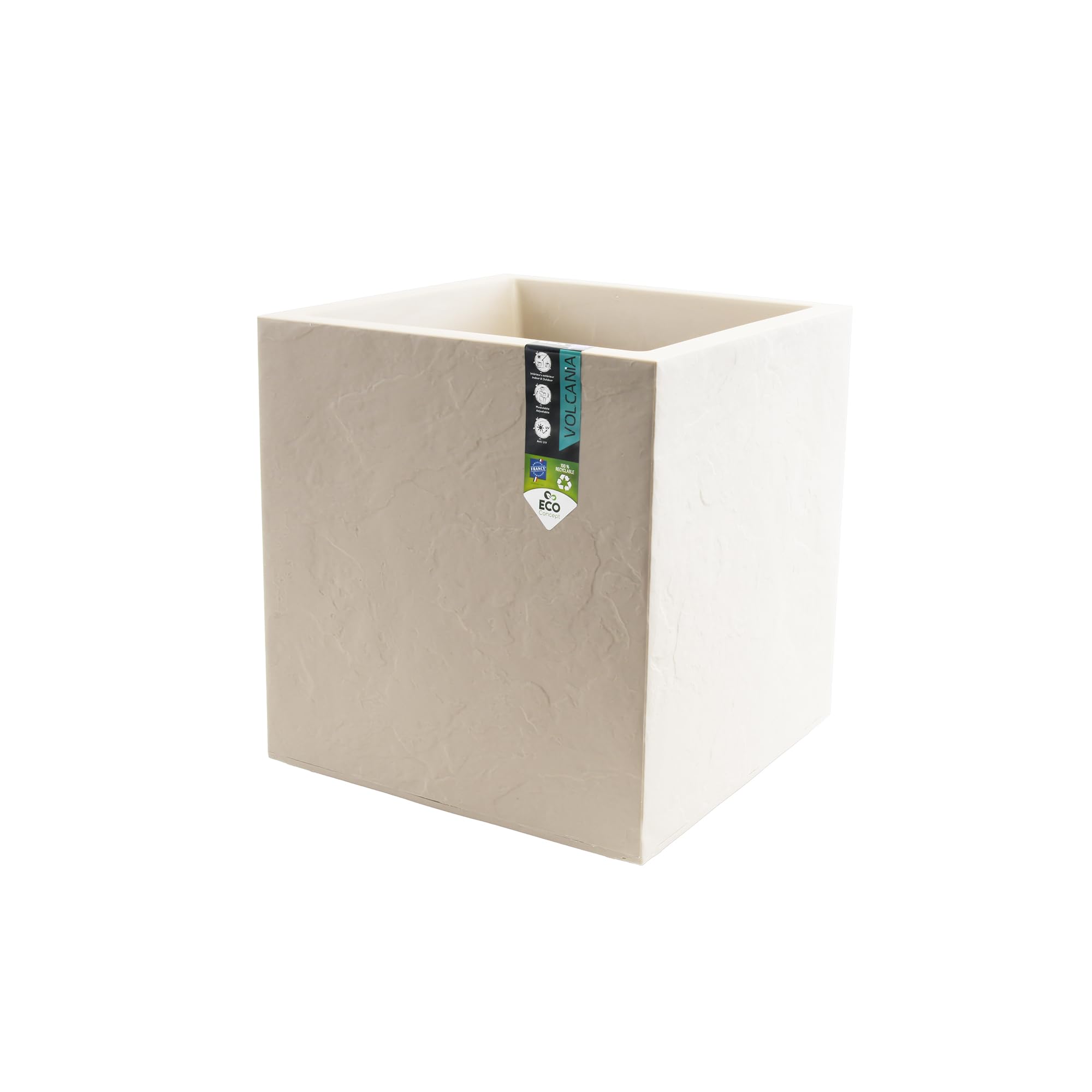EDA – Maceta Cuadrada 40 cm Volcania 31 L – Decoración imitación Piedra – Doble Pared – Zona de retención de Agua – 39,5 x 39,5 x 43,5 cm – Beige Piedra caliza