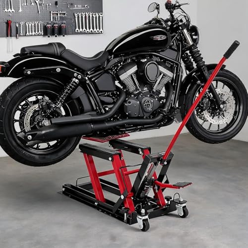 Hydraulic Motorcycle Lift Jack 1500LB Capacity Scissor Jack for Dirt Bikes & ATVs 4.7-14.57 Inch Lift Height Non-Slip Platform & 360 Swivel Casters Black Garage Lift