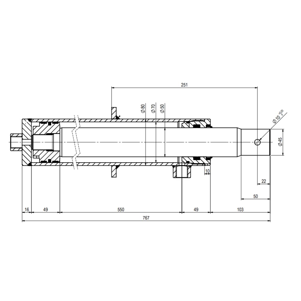 Cilindro hidráulico divisor de troncos de doble efecto 70 orificios, 50 varillas, 550 carreras, 767 cerrado, cuerpo sin pintar, presión máxima de trabajo: 200 bar