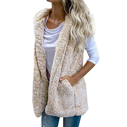WooCo Sherpa Jacket Women with Hood, Sleeveless Fuzzy Fleece Vests Cardigan Outerwear Coat with Pockets Beige