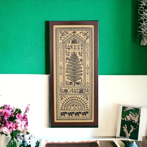Image of Bhumee Creations Hand Printed Black Saura Tribal Painting on Tussar Silk | Framed Artwork | Size 22 Inches X 10 Inches