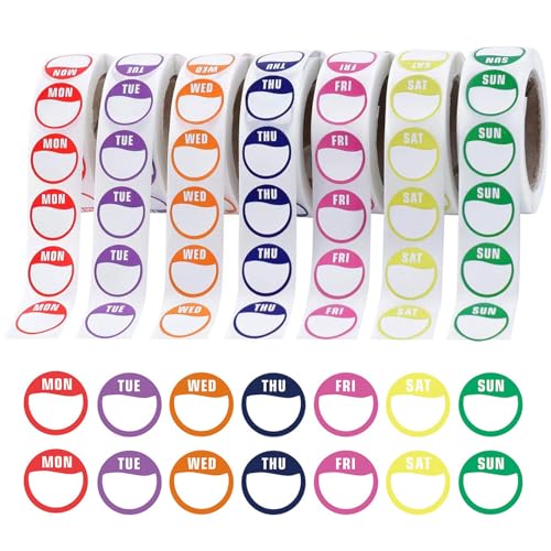 Days of The Week Stickers 3500pcs Day Dots Food Labels Stickers Date Kitchen Label Sticker for Food Labeling (500 Labels Per Roll)