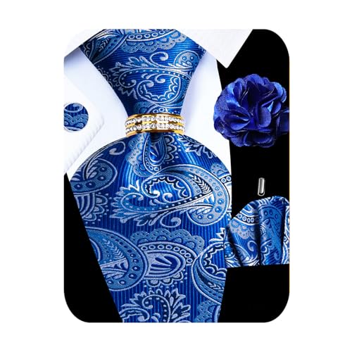 Image of 5PCS Mens Premium Silk Tie, Pocket Square, Cufflinks, Drilled Tie Ring and Lapel Pin Set for Wedding Groom Party