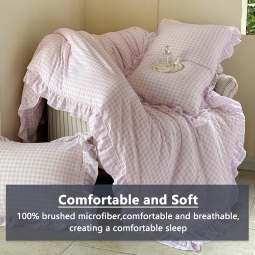 Image of NSNLGSGC Pink Ruffle Gingham Comforter Set King, Pre-Washed Ruffled Plaid Checked Comforter Bedding, 3 Pieces Vintage Farmhouse Grid Bedding Set(Pink Gingham, King)