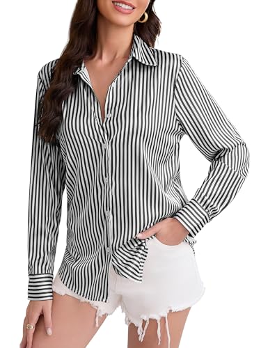Image of Premium Soft Breathable Stretch Satin Silk Button Down Shirts for Women Long Sleeve Leopard Blouses Work Dress Tops