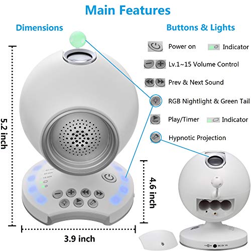 Portable White Noise Machine with Night Light Projector, Sleeping Sound Machine for Office Privacy, Lullaby Travel Crib for Bedroom, Auto-Off Timer, Earphone Jack, Battery Powered&Plug-in - Thumbnail 4