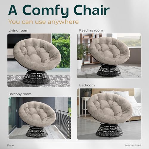 Image of Bme Ergonomic Wicker Papasan Chair with Soft Thick Density Fabric Cushion, High Capacity Steel Frame, 360 Degree Swivel for Living, Bedroom, Reading Room, Lounge, Silver Cloud - Black Base