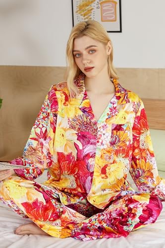 Image of YiNi LuLu Womens Silk Satin Pajamas Set Button Down 2 Piece Pjs Long Sleeve Oversized Sleepwear with Pockets