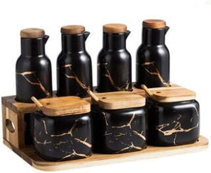 Nordic matte marbled ceramic seasoning jar salt can oil bottle household seasoning box kitchen supplies seasoning bottle set(Style 2)