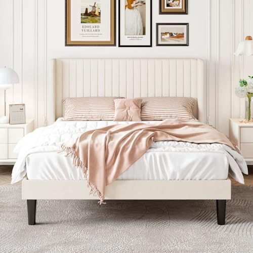 Image of SHA CERLIN Full Size Velvet Bed Frame, Tufted Wingback Headboard, Cream | 47'' Modern Vertical Channel Headboard, Upholstered Platform Bed, Wood Slats, No Box Spring Needed, Easy Assembly, Noise Free