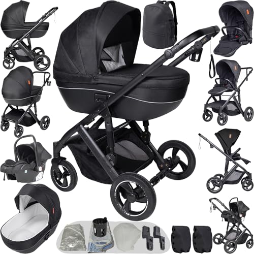 Magic ZC Carrito Bebe 4 en 1, Carrito Bebe con Diseño Portátil Plegable de Un Clic, Carro4 Piezas Empuje Reversible de Dos Vías, Cochecito Tres Piezas con Accesorios (V7 Black)