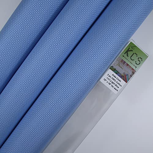 Image of KCS 3 pc of 15 inch x 18 inch Counted Cross Stitch Cotton Aida Cloth Needlework Fabric,11CT,Light Blue