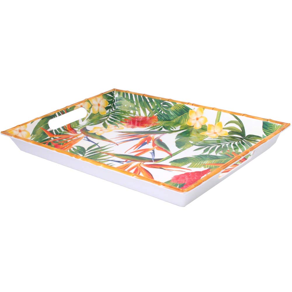 Les Jardins de la Comtesse - Gran Bandeja de Servicio de Melamina Pura - Flores Exóticas - 50 cm - Rojo/Verde - Bandeja Grande con Asas de la Colección Vajilla Irrompible MelARTmine