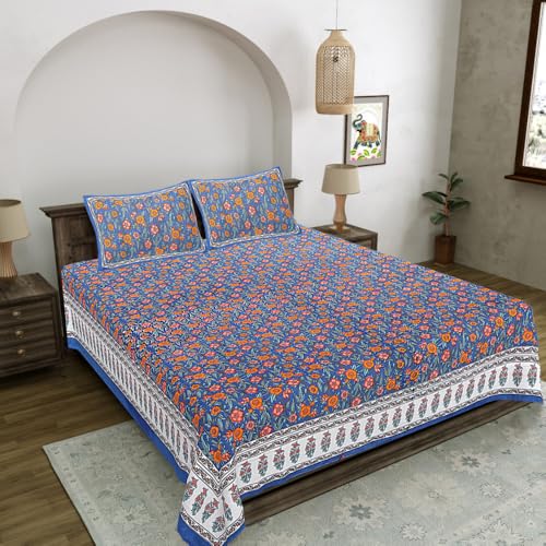 Image of Living Roots Jaipuri Hand Block Print Double Cotton Bedsheet & 2 Pillow Covers, for Mattress Upto 8 inches Thick, No Colour Bleeding, Yellow Colour, Super King Size 96 * 104 inches, 150TC (577-C)