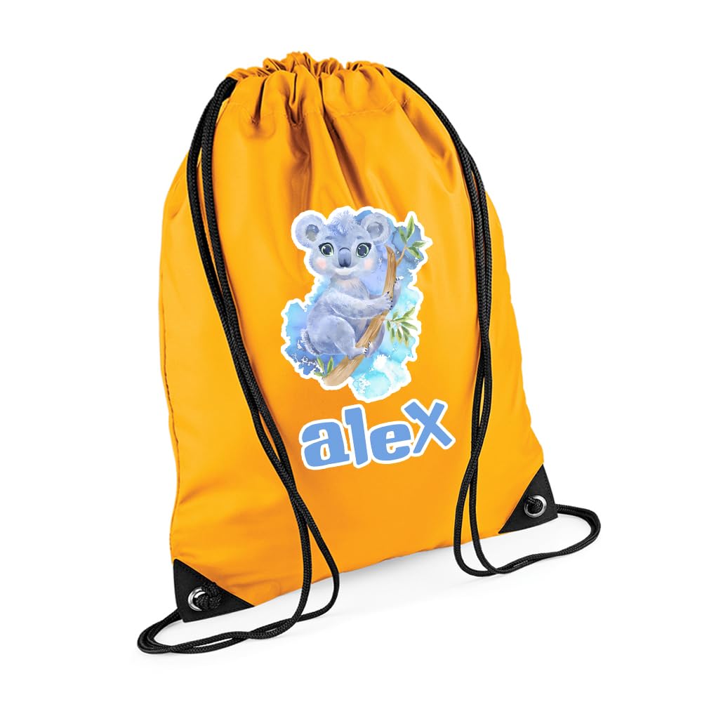 Getagift Personalized Cute Watercolour Koala Drawstring Bag for Kids, Back to School, Waterproof Sports Backpack, PE Kit Bag, Gym and Swimming Bag, Sport Rucksack. (Gold)