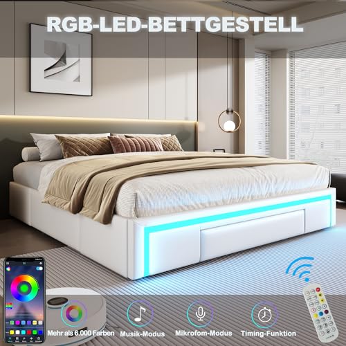 Dolamaní Polsterbett Bettgestell 140x200 cm ohne Kopfteil, PU-Leder Bett Mit LED und Schubladen, Metall Lattenrost Moderne Schlafzimmer Doppelbett (Beige)
