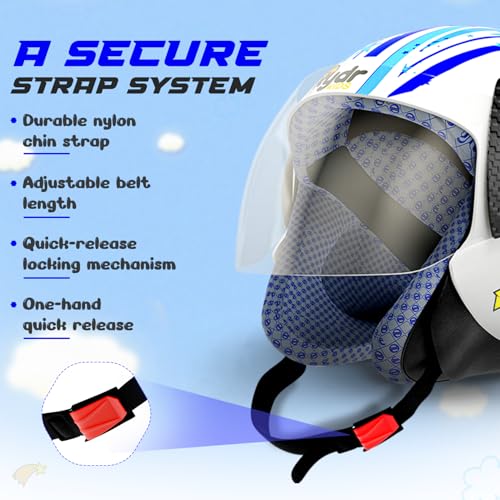 Image of RydrKids-URA Star S-Leo-Blue Motorcycle Helmet with Visor Shield and Helmet Bag, Size XS (Ages Upto 8 Years Blue) | Lightweight, Adjustable Safety Helmet for Boys