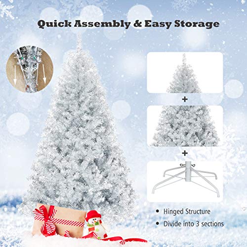 Goflame 6 Ft Artificial Christmas Tree Hinged With 1036 Branch Tips, Silver Tinsel Christmas Tree With Metal Stand, Electroplated Technology For Indoor And Outdoor Holiday Decoration #TOP6