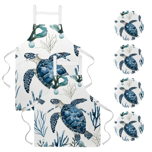 Lot de 2 tabliers de cuisine avec 4 broches motif tortue d'algues