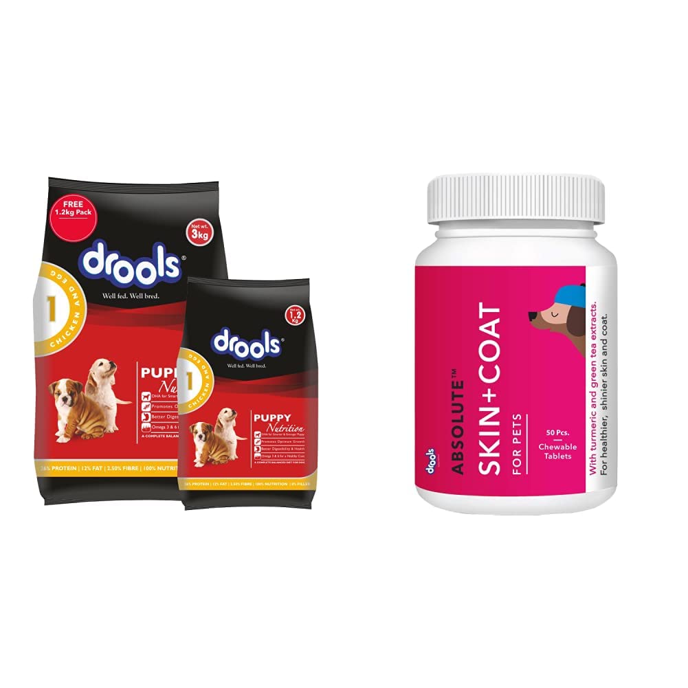 Drools Chicken and Egg Puppy Dog Food, 3 Kg with Free 1.2 Kg & Absolute Skin + Coat Tablet- Dog Supplement, 50 Pcs (B08KVB59JJ) Amazon Price History, Amazon Price Tracker