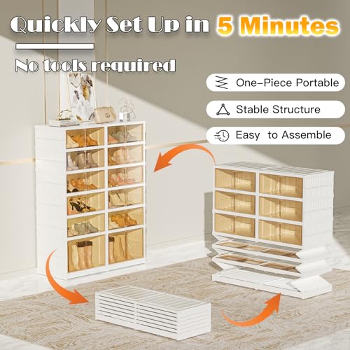 Image of 6-Tier Portable Shoe Rack Organizer for Closet, 24 Pairs Shoe Container Bins, Clear Plastic Collapsible Shoes Storage Box, Stackable Sneaker Storage Shoe Cabinet with Door