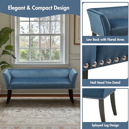 Image of Madison Park Accent Bench, Upholstered with Nailhead Trim, & Padded Seat Entryway Bench Small, End of Bed Bench with Back, 49.5 inch W x 19.25 inch D x 23 inch H, Blue