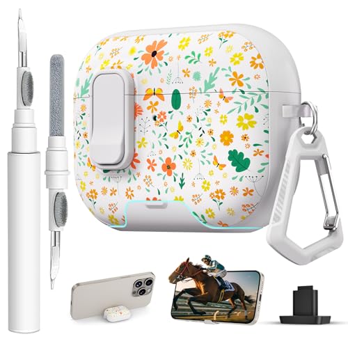 Image of for AirPods Pro 3 Case(2025) with Secure Lock Clip and Phone Stand,Cute Floral Girly Style Protective Cover with Cleaning Kit and Carabiner for Apple iPod Pro 3rd Generation(Four-Leaf Clover)
