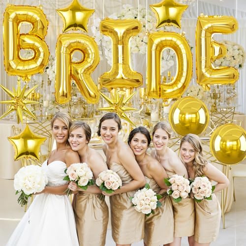 Image of Gold Bride Balloons Bachelorette Party Decorations, 32in Gold Giant Bride Balloons with 4D Disco Ball Balloon and Star Foil Balloon for Bridal Shower Wedding Engagement Party Supplies