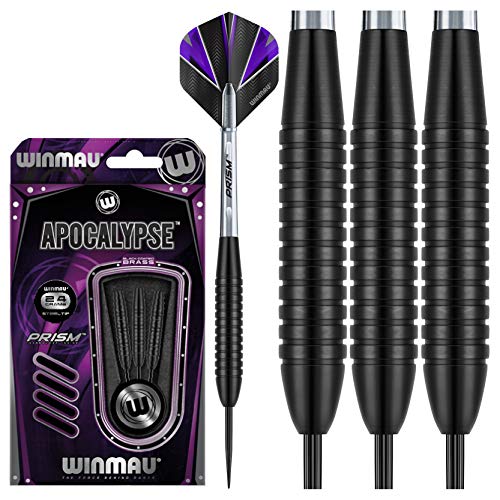WINMAU Apocalypse 24 gram Brass Darts Set including Prism Flights and Shafts (Stems), Black, 24g