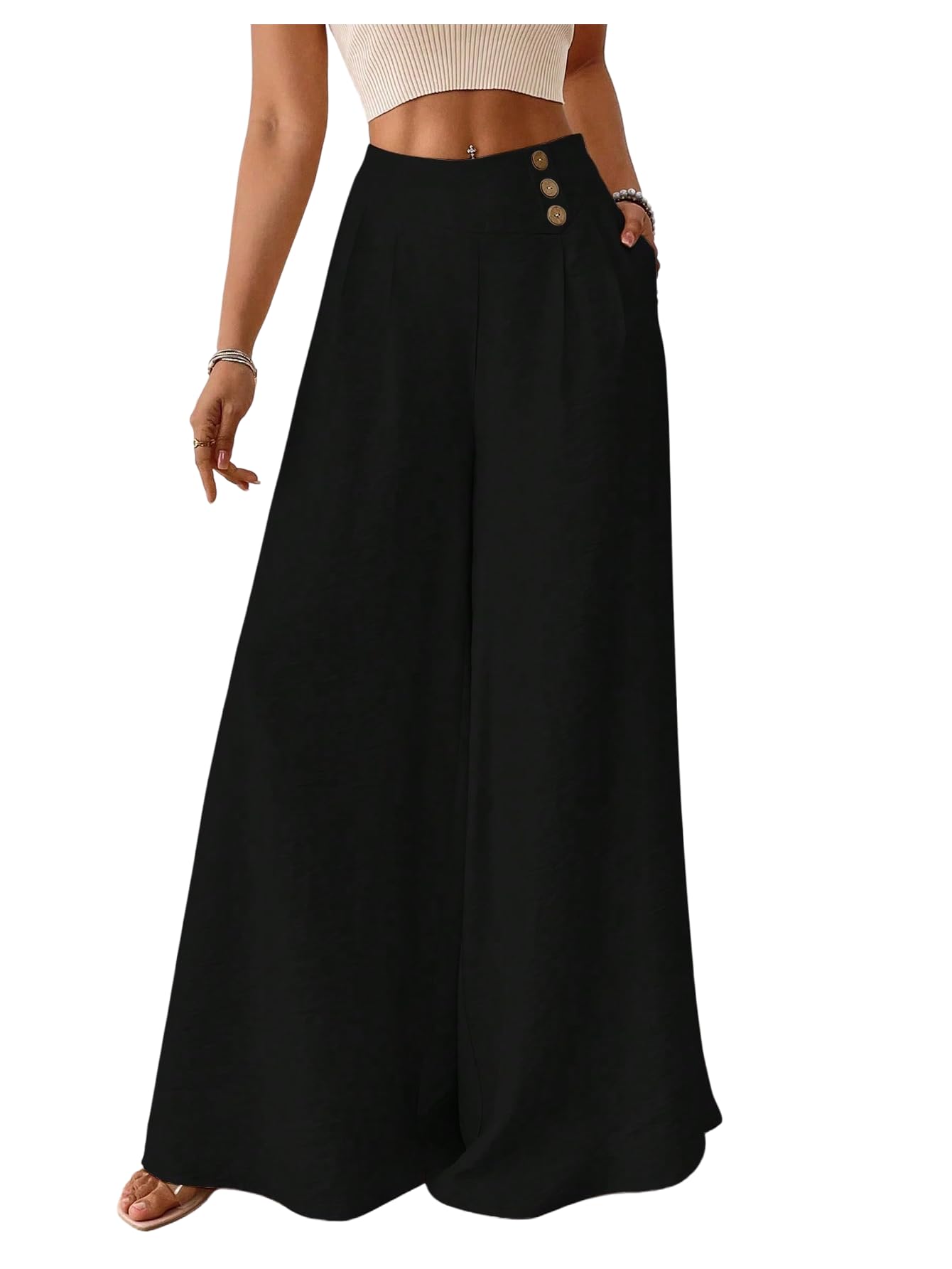GORGLITTER Womens Pleated Button Front Dress Pants High Waist Wide Leg Bell Bottom Trousers